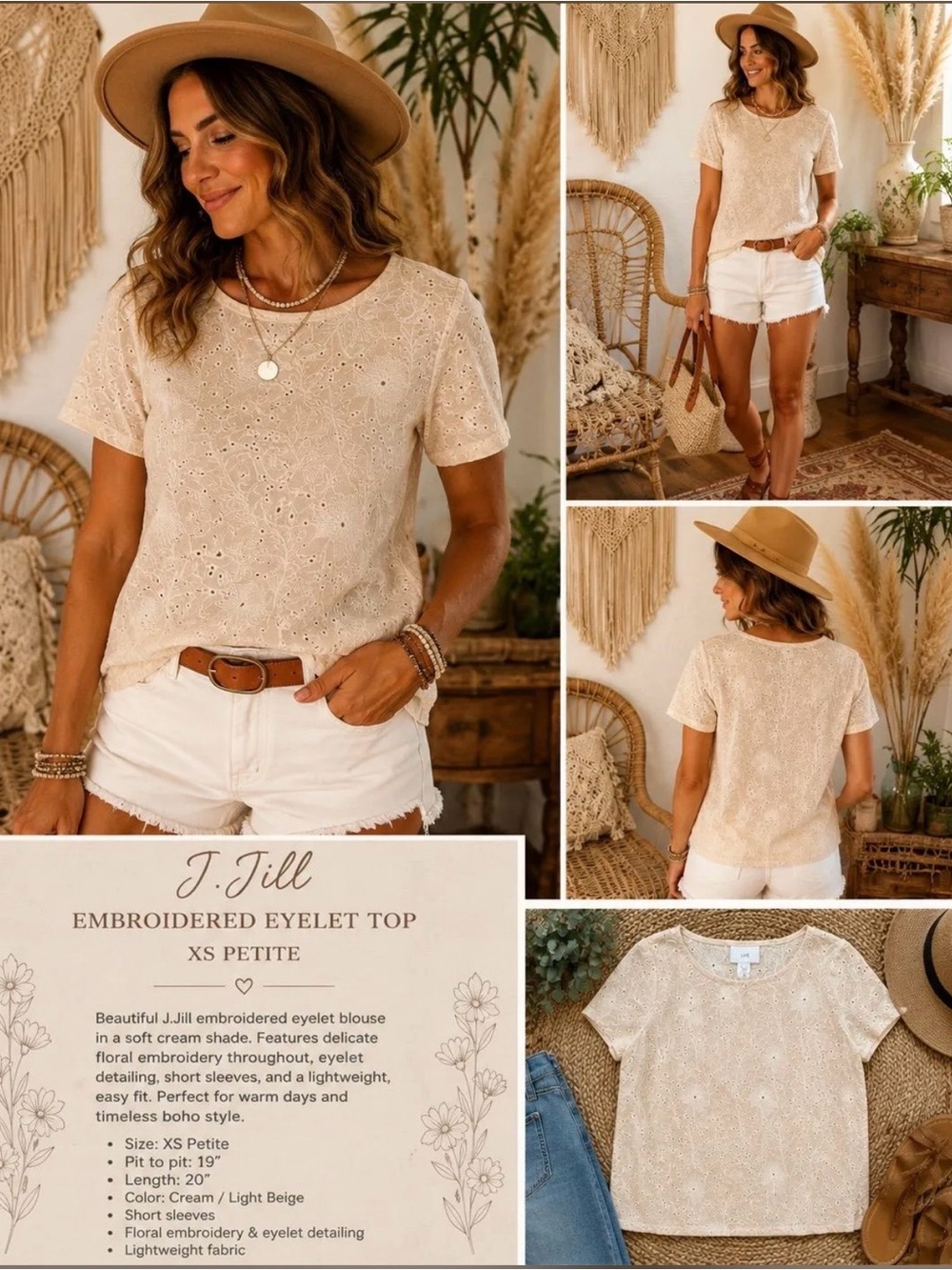 J. Jill Cream Eyelet Short Sleeve Blouse
